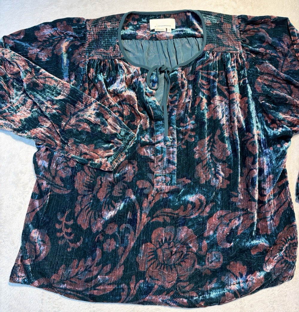 Anthropologie Crushed Velvet Peasant Blouse Teal Floral Smocked Top Womens M